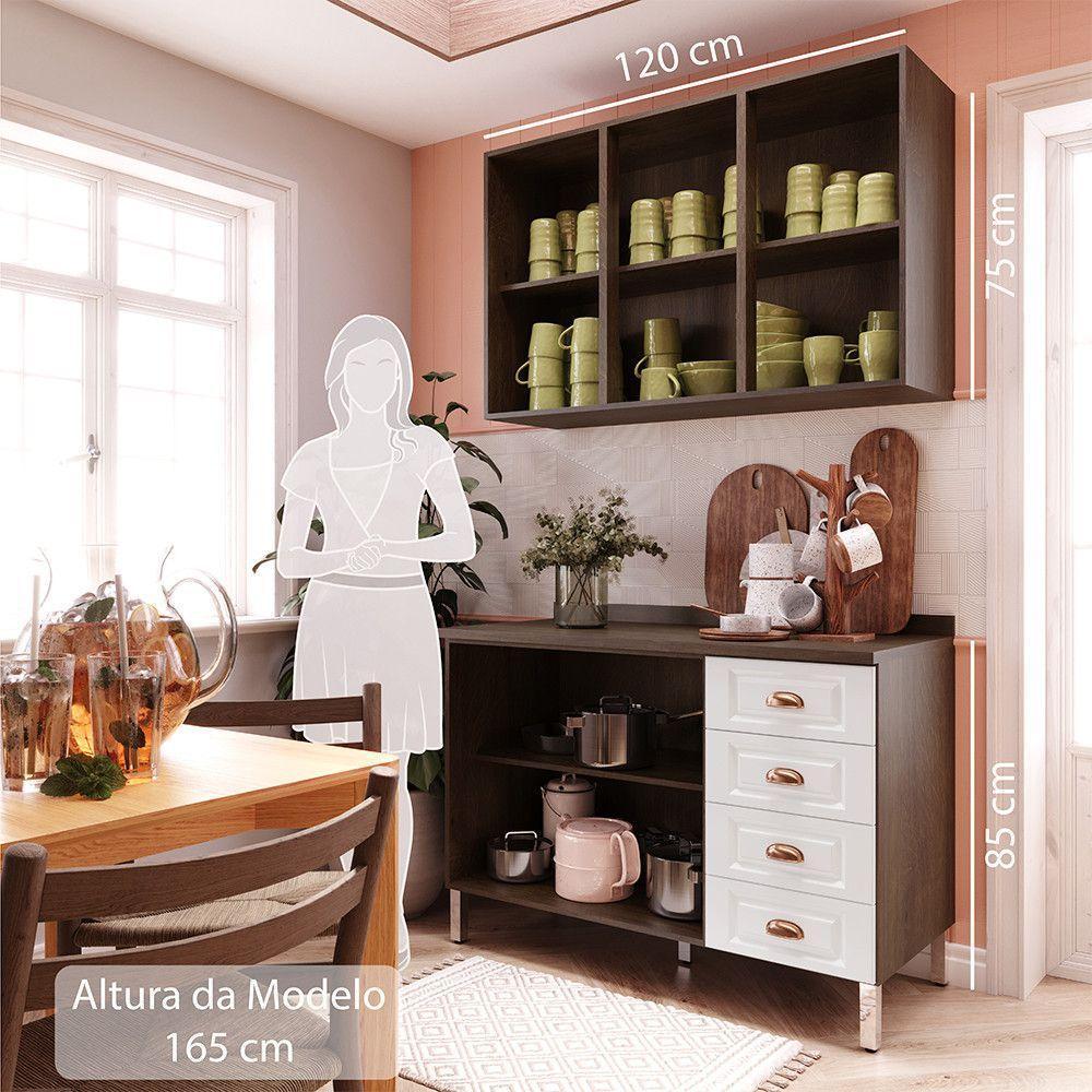 Armário De Cozinha Compacta 2 Peças Com Tampo Safira Luciane Móveis Nogueira Dourado Com Branco Pet - 4