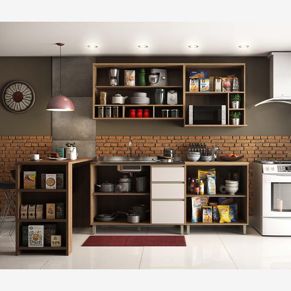 Armário De Cozinha Completa Modulada 7 Peças Sem Tampo De 120 Mel Vanilla Com Pérola Off - 7