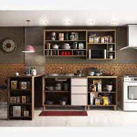 Armário De Cozinha Completa Modulada 7 Peças Sem Tampo De 120 Mel Vanilla Com Pérola Off - 7