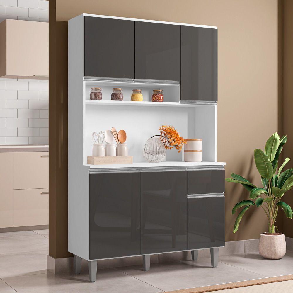 Kit Cozinha Compacta Márcia 105Cm Com 6 Portas E 1 Gaveta Branco Cinza Escuro - Desk Design - 6