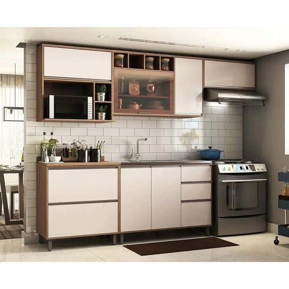 Armário De Cozinha Completa 5 Peças Com Vidro Reflecta Sem Tampo Mel Vanilla Com Pérola Off - 3