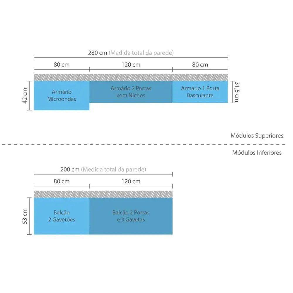 Armário De Cozinha Completa 5 Peças Com Vidro Reflecta Sem Tampo Mel Vanilla Com Pérola Off - 5