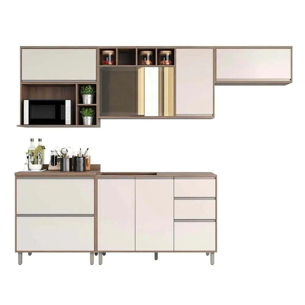 Armário De Cozinha Completa 5 Peças Com Vidro Reflecta Sem Tampo Mel Vanilla Com Pérola Off - 7