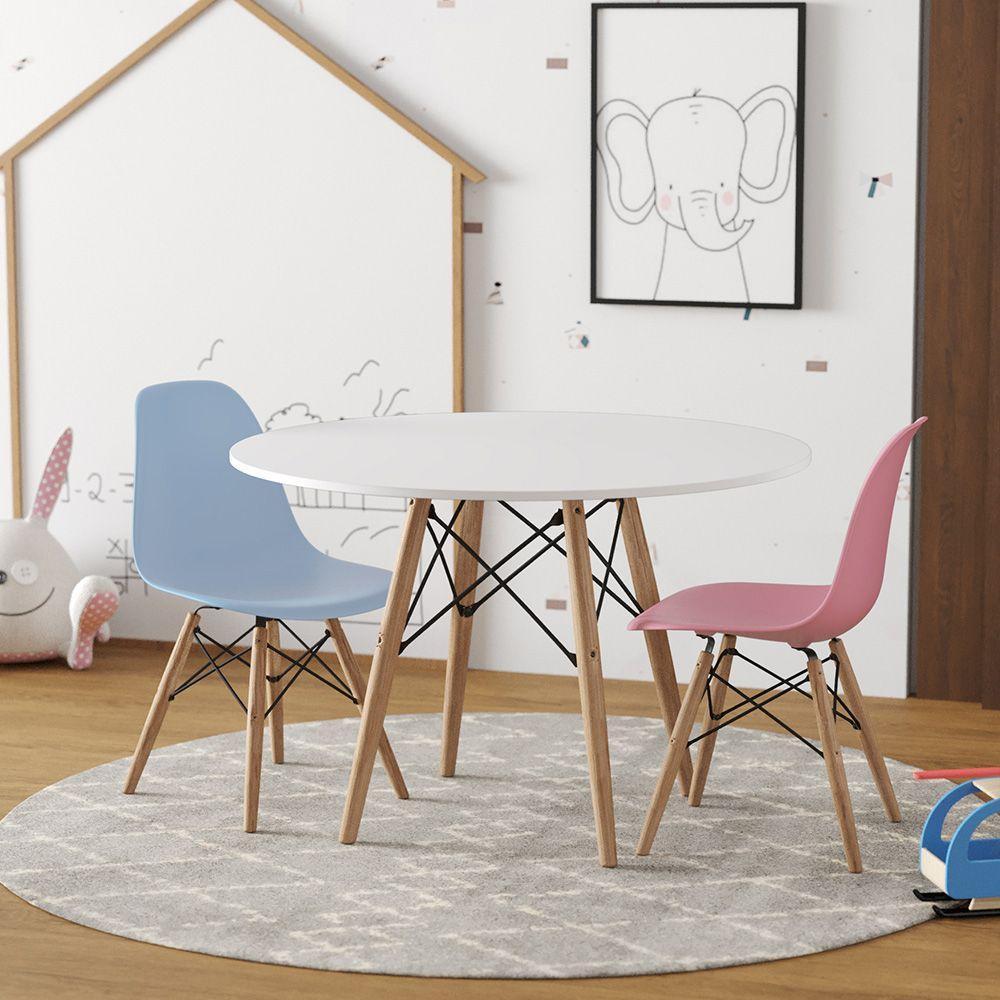 Conjunto De Mesa Madeira Infantil Redondo Branco 1 Cadeira Azul 1 Cadeira Rosa - 1