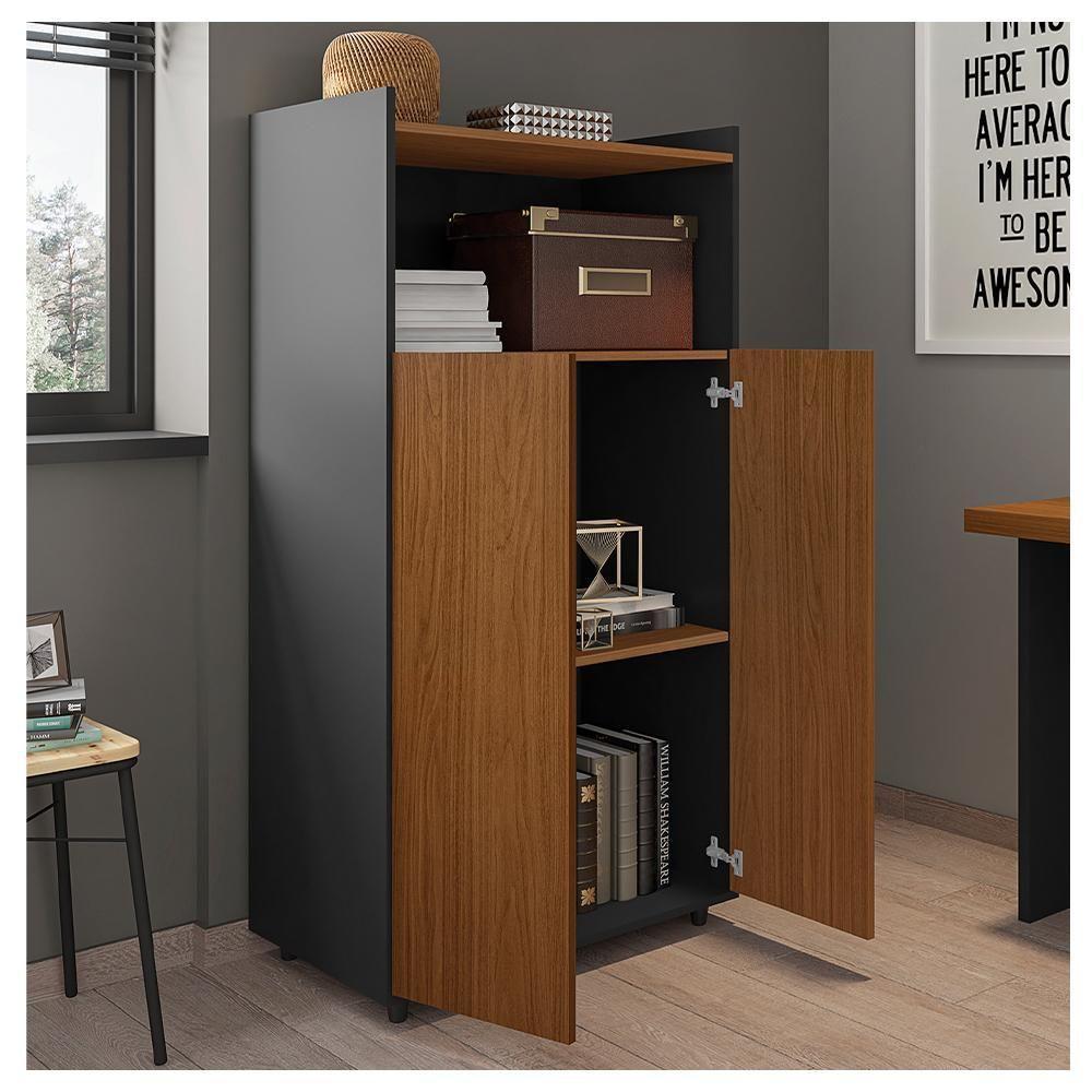 Armário Alto Escritório 2 Portas Marrom Preto Studio Caemmun - 4