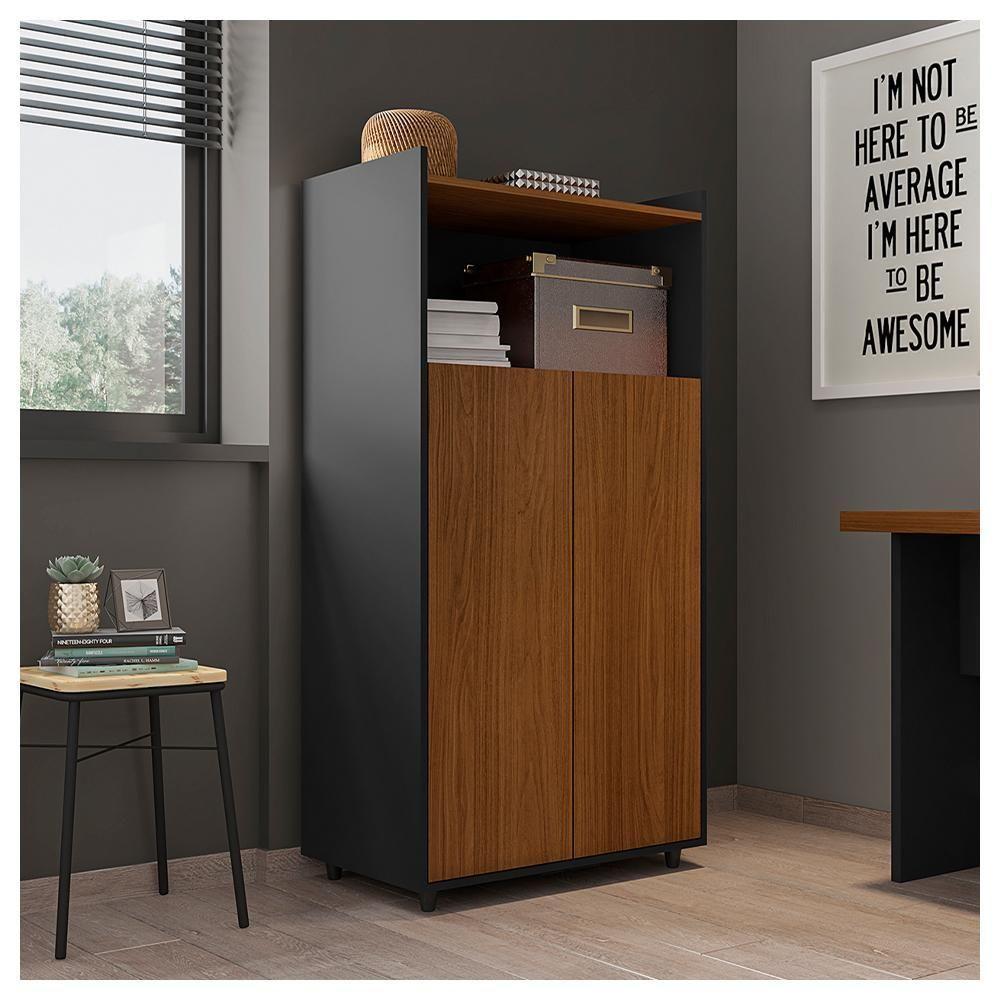 Armário Alto Escritório 2 Portas Marrom Preto Studio Caemmun - 7