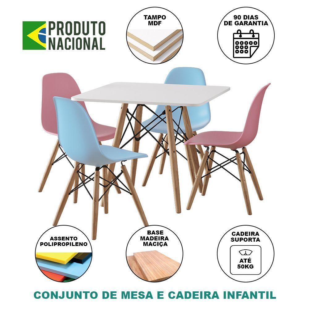 Conjunto De Mesa Infantil Madeira Quadrado Branco 2 Cadeira Azul E 2 Rosa - 4
