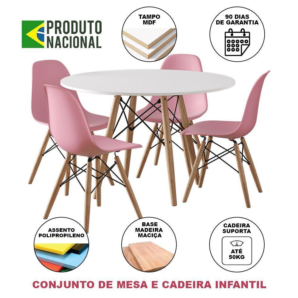 Conjunto Madeira Tampo 68Cm Redondo Branco 4 Cadeiras Rosa - 4