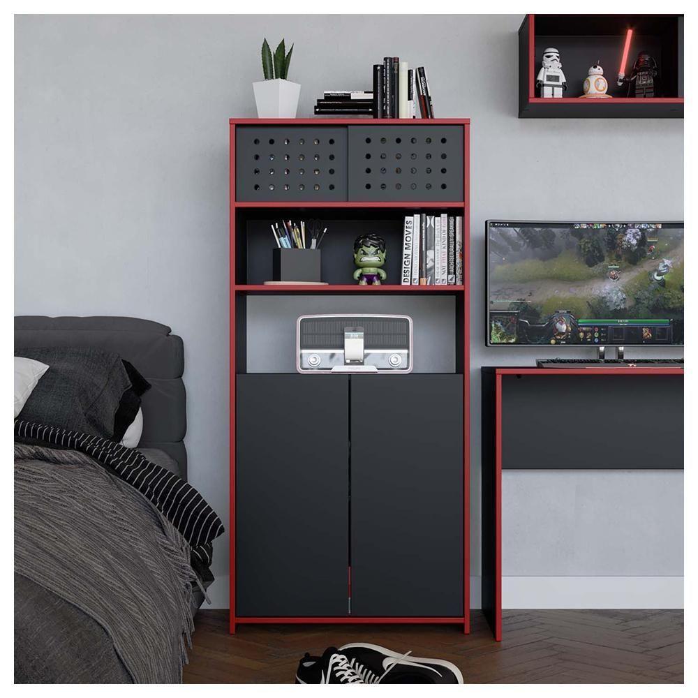 Armário Alto Estante Escritório 4 Portas Pixel Preto Caemmun - 5