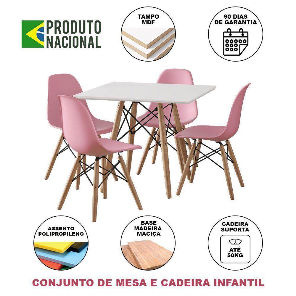 Conjunto De Mesa Madeira Infantil 68Cm Quadrado Branco 4 Cadeiras Rosa - 5