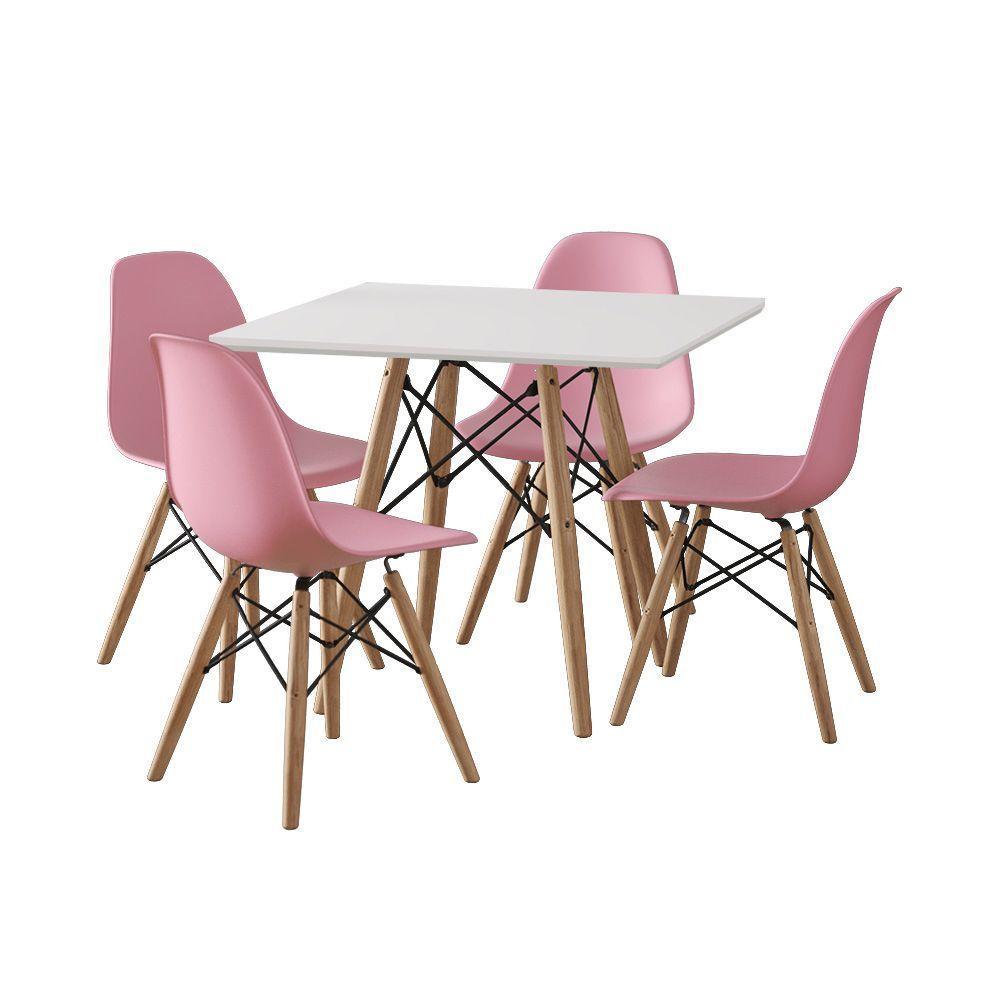 Conjunto De Mesa Madeira Infantil 68Cm Quadrado Branco 4 Cadeiras Rosa - 6