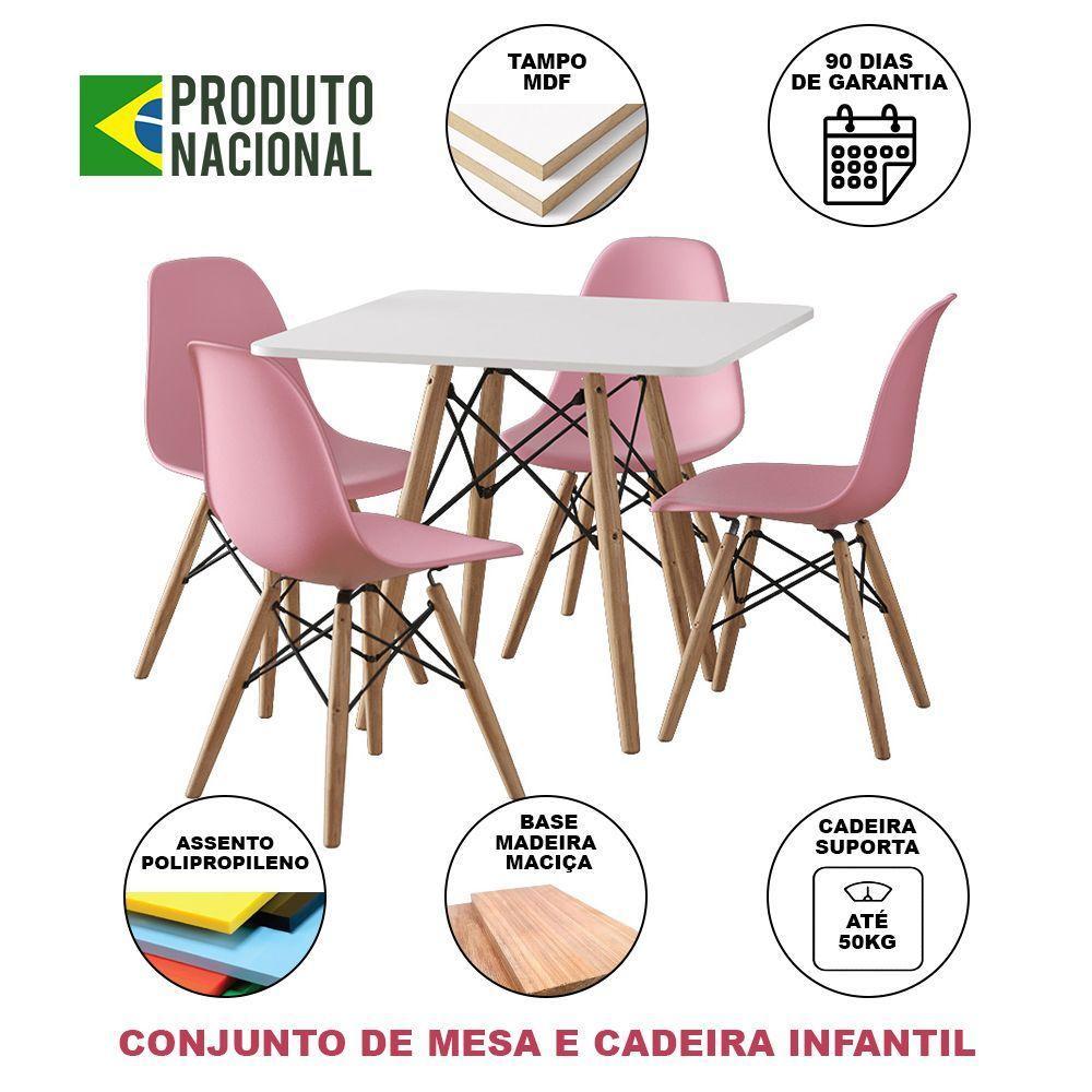 Conjunto De Mesa Madeira Infantil Quadrado Branco 4 Cadeiras Rosa - 4