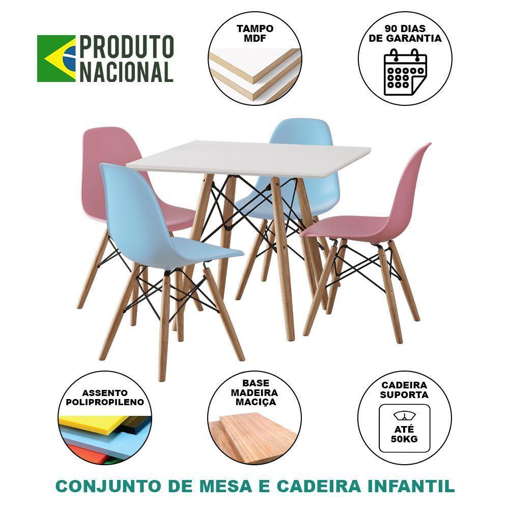 Conjunto De Mesa Infantil Madeira 68Cm Quadrado Branco 2 Cadeira Azul E 2 Rosa - 5