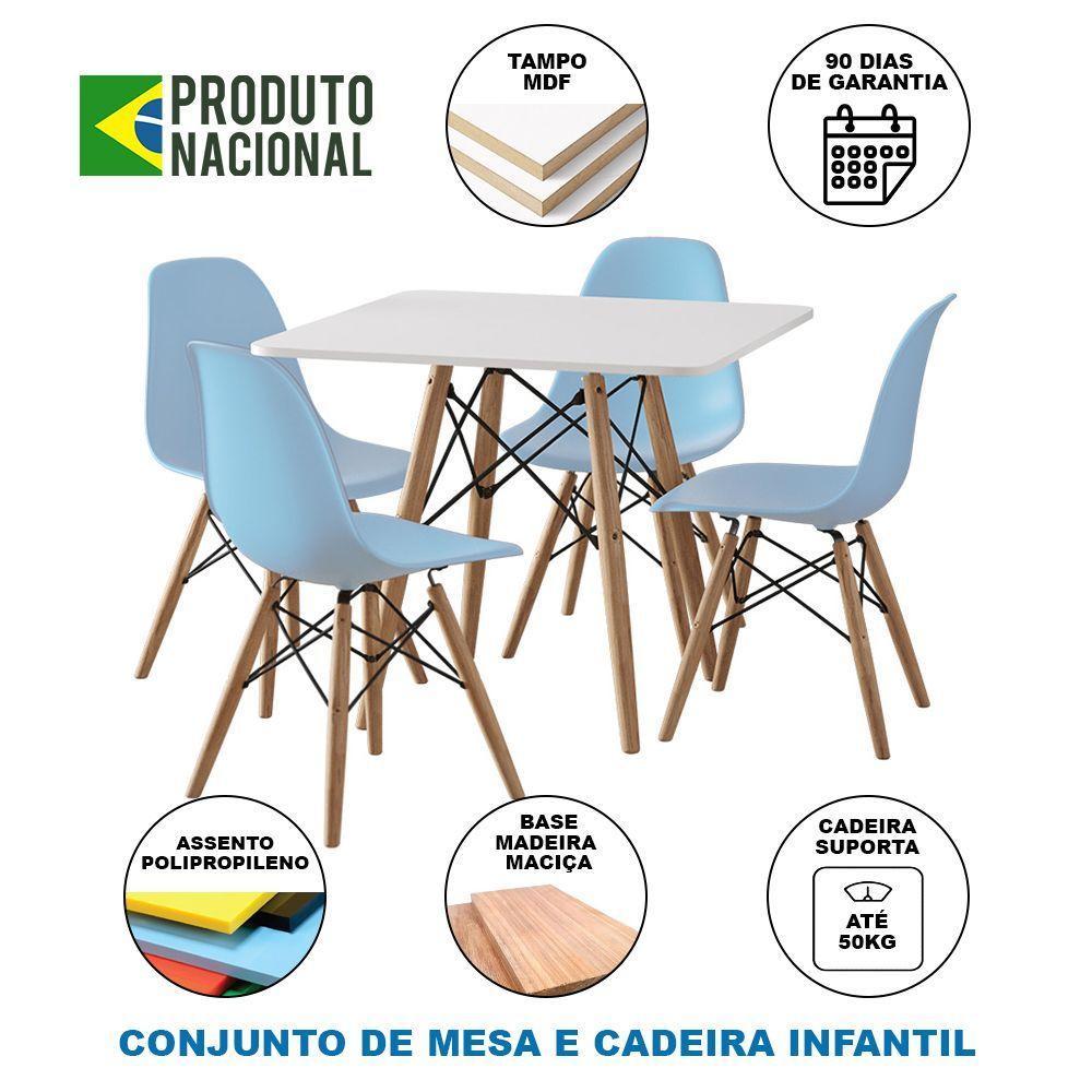 Conjunto De Mesa Madeira Infantil 68Cm Quadrado Branco 4 Cadeiras Azul Cor: Branco - 4