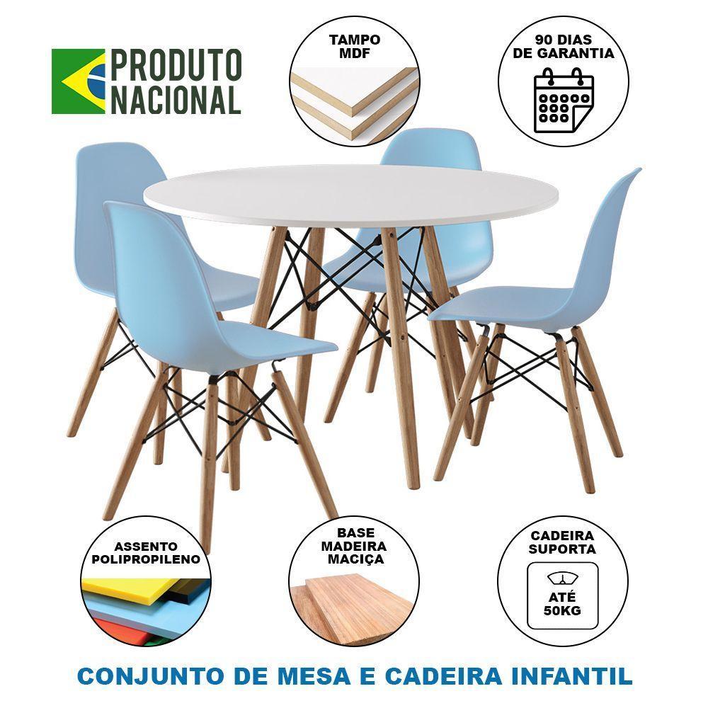 Conjunto De Mesa Madeira Infantil Redondo Branco 4 Cadeiras Azul - 4
