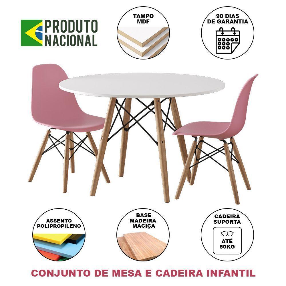Conjunto De Mesa Madeira Infantil 68Cm Redondo Branco 2 Cadeiras Rosa - 4