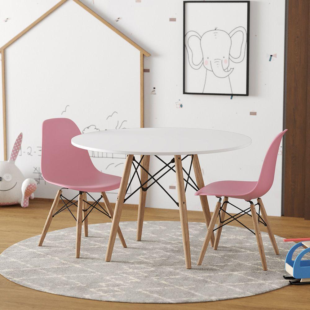 Conjunto De Mesa Madeira Infantil Redondo Branco 2 Cadeiras Rosa - 1