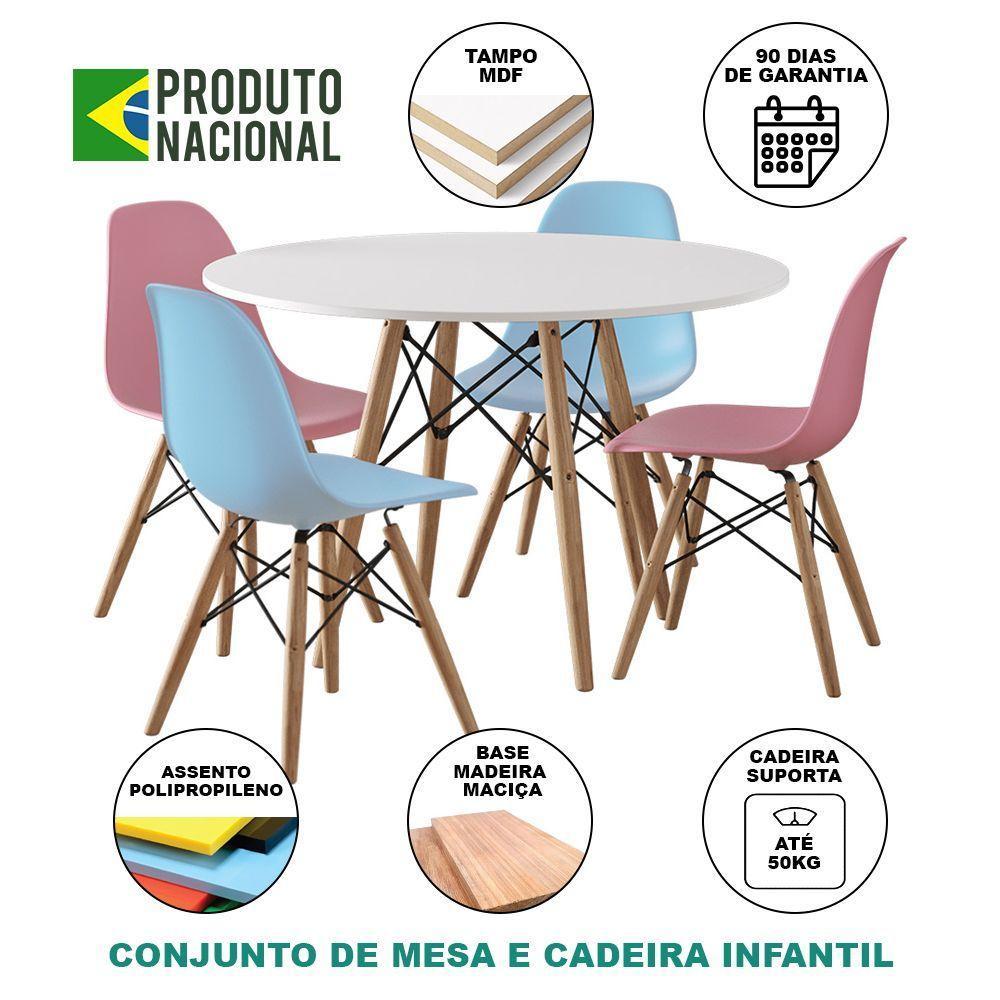 Conjunto De Mesa Madeira Infantil Redondo Branco 2 Cadeiras Azul E 2 Rosa - 4