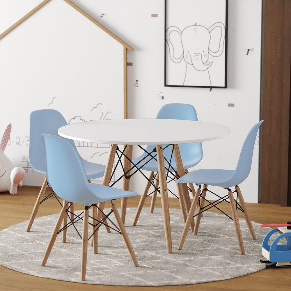 Conjunto De Mesa Madeira Infantil 68Cm Redondo Branco 4 Cadeiras Azul - 1