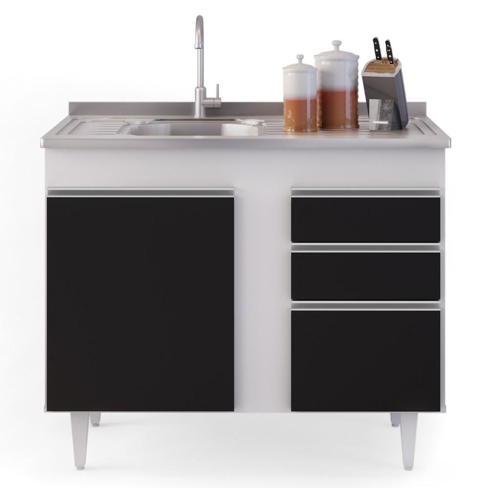 Balcão Gabinete 100cm 3 Portas 2 Gavetas Branco/Preto - 2