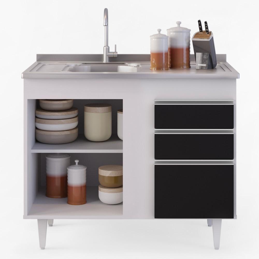 Balcão Gabinete 100cm 3 Portas 2 Gavetas Branco/Preto - 5