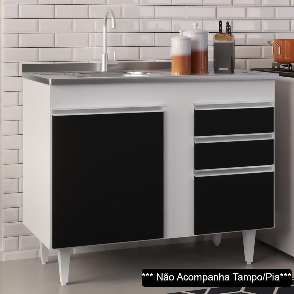 Balcão Gabinete 100cm 3 Portas 2 Gavetas Branco/Preto - 6