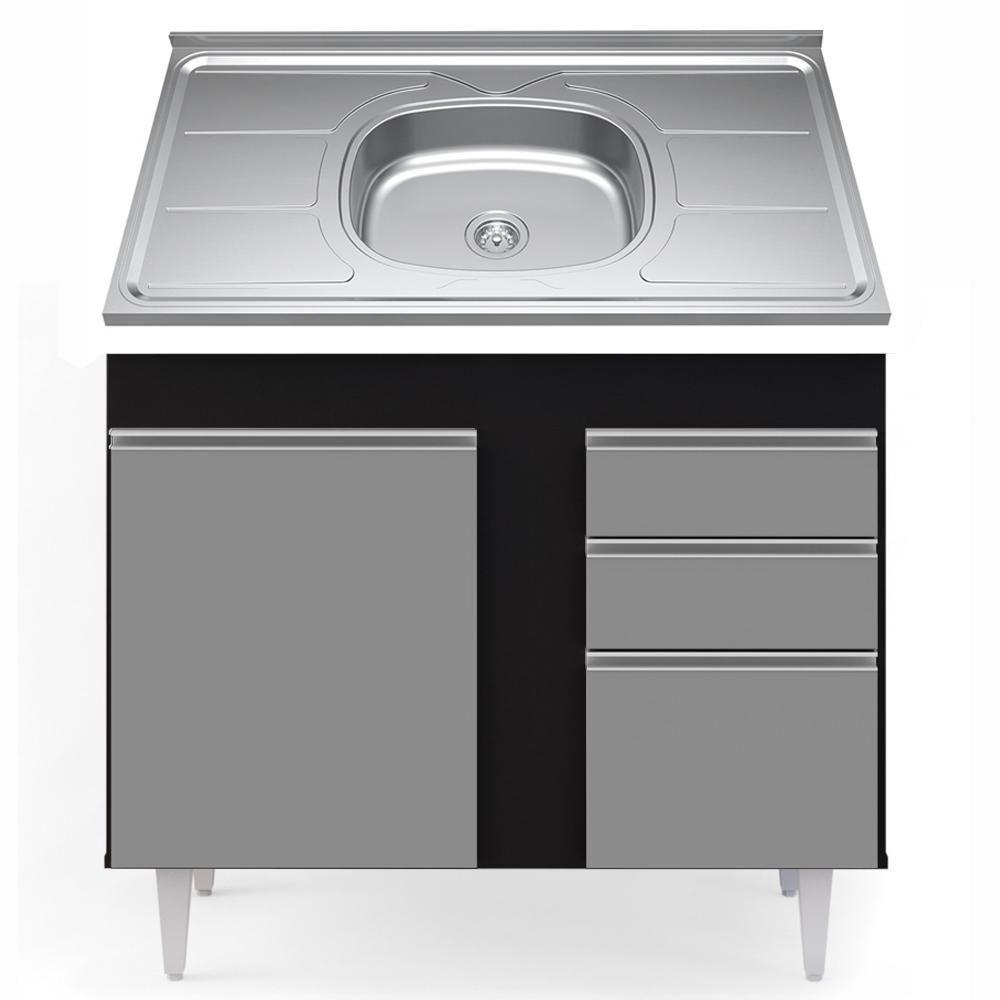 Balcão Com Pia Inox 100cm 3 Portas 2 Gavetas Preto/Cinza - 1