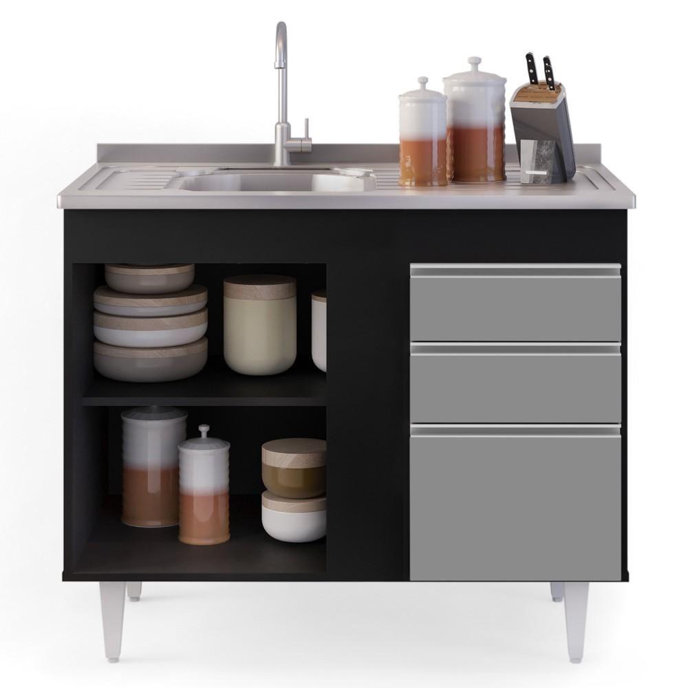 Balcão Com Pia Inox 100cm 3 Portas 2 Gavetas Preto/Cinza - 5