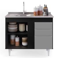 Balcão Com Pia Inox 100cm 3 Portas 2 Gavetas Preto/Cinza - 5