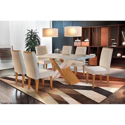 Conjunto: Mesa Sala Jantar Imperatriz c/ Tampo Madeirado c/ Vidro Canto Reto 180cm + 6 Cadeiras Lunara Imbuia/OW/Creme - Rufato