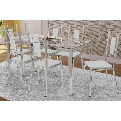 Mesa Sala Jantar Reno C/ Tampo Vidro 150cm + 6 Cadeiras Florença Cromado/courano Branco - Kappesberg