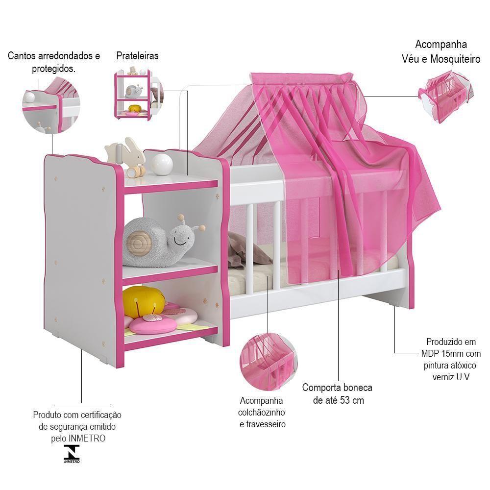 Berço Para Boneca Cristal Brinquedo Infantil Branco Rosa - 5