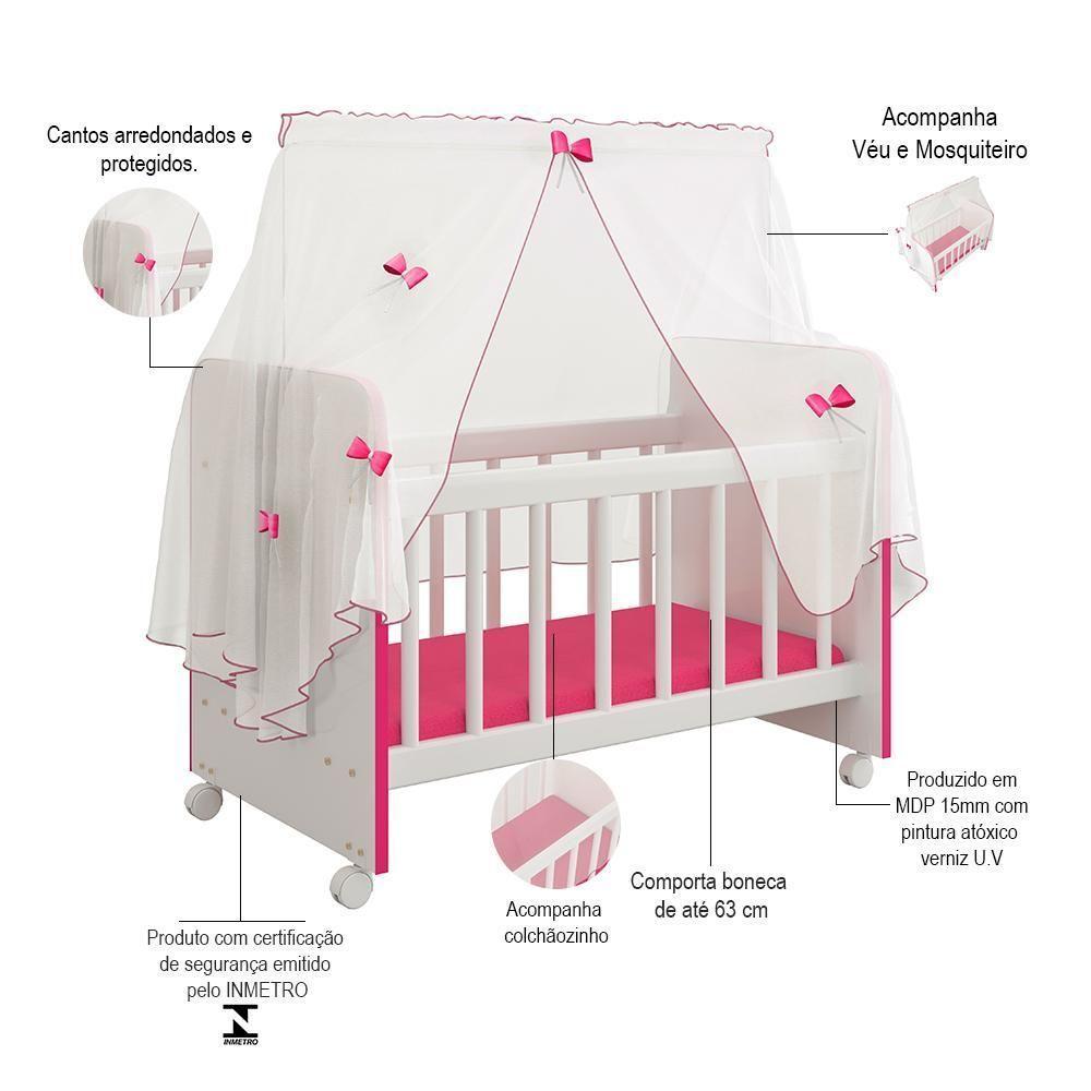 Kit 3 Berços Para Boneca Brinquedo Infantil Branco Rosa - 6