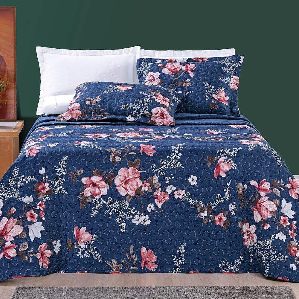 Kit Cobre Leito Colcha Padrão 03 Peças Micropercal 200 Fios Duplaface Estampa Floral - Encantada - 1