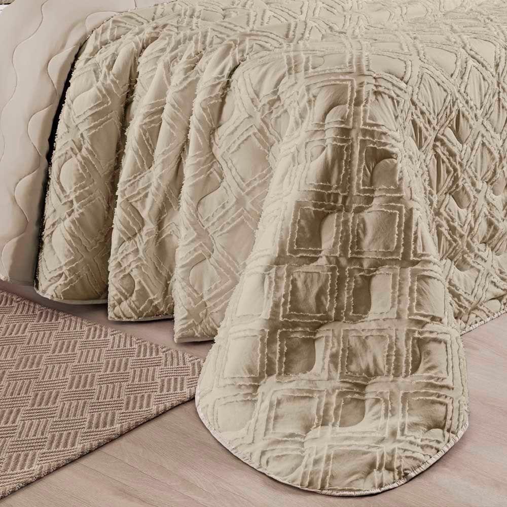 Kit Cobre Leito Colcha Katarine Queen 03 Peças Dupla Face Micropercal 300 Fios Detalhado - Cáqui - 2