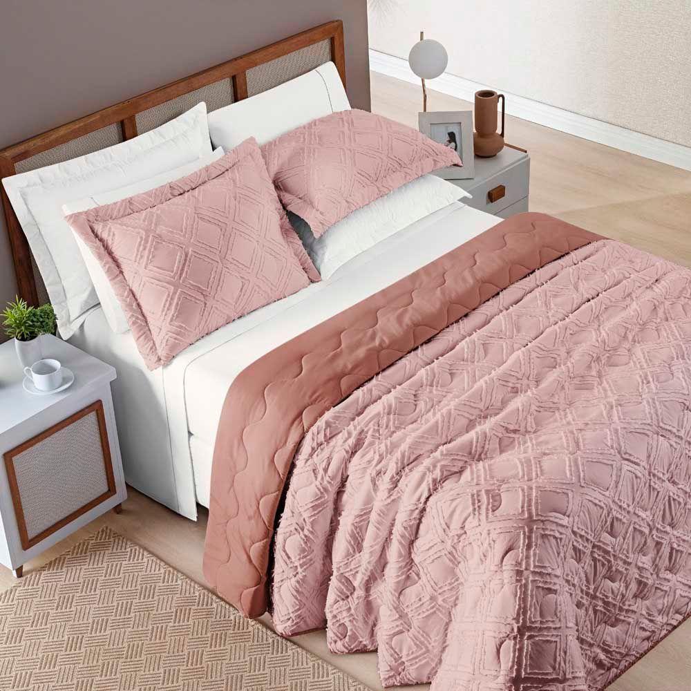 Kit Cobre Leito Colcha Katarine King 03 Peças Dupla Face Micropercal 300 Fios Detalhado - Rosê - 1