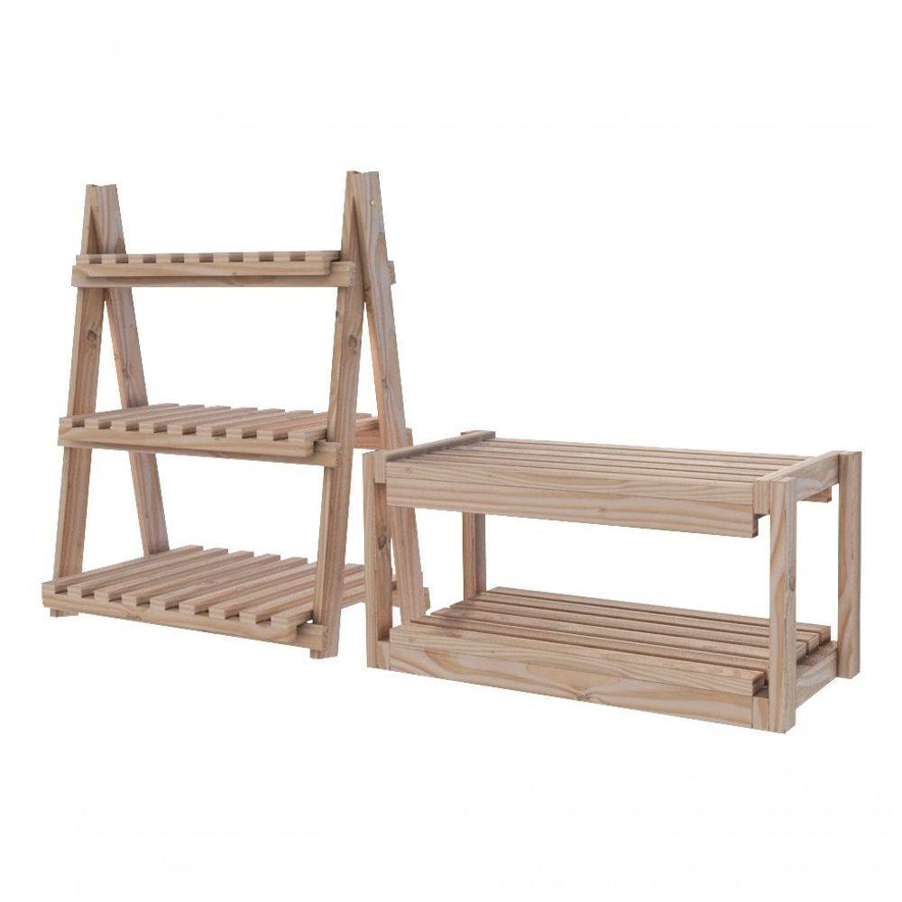 Conjunto Porta Sapatos Dobráveis Dupla Prateleira Madeira Pinus E Organizador De Qualidade 3 Nichos - 3