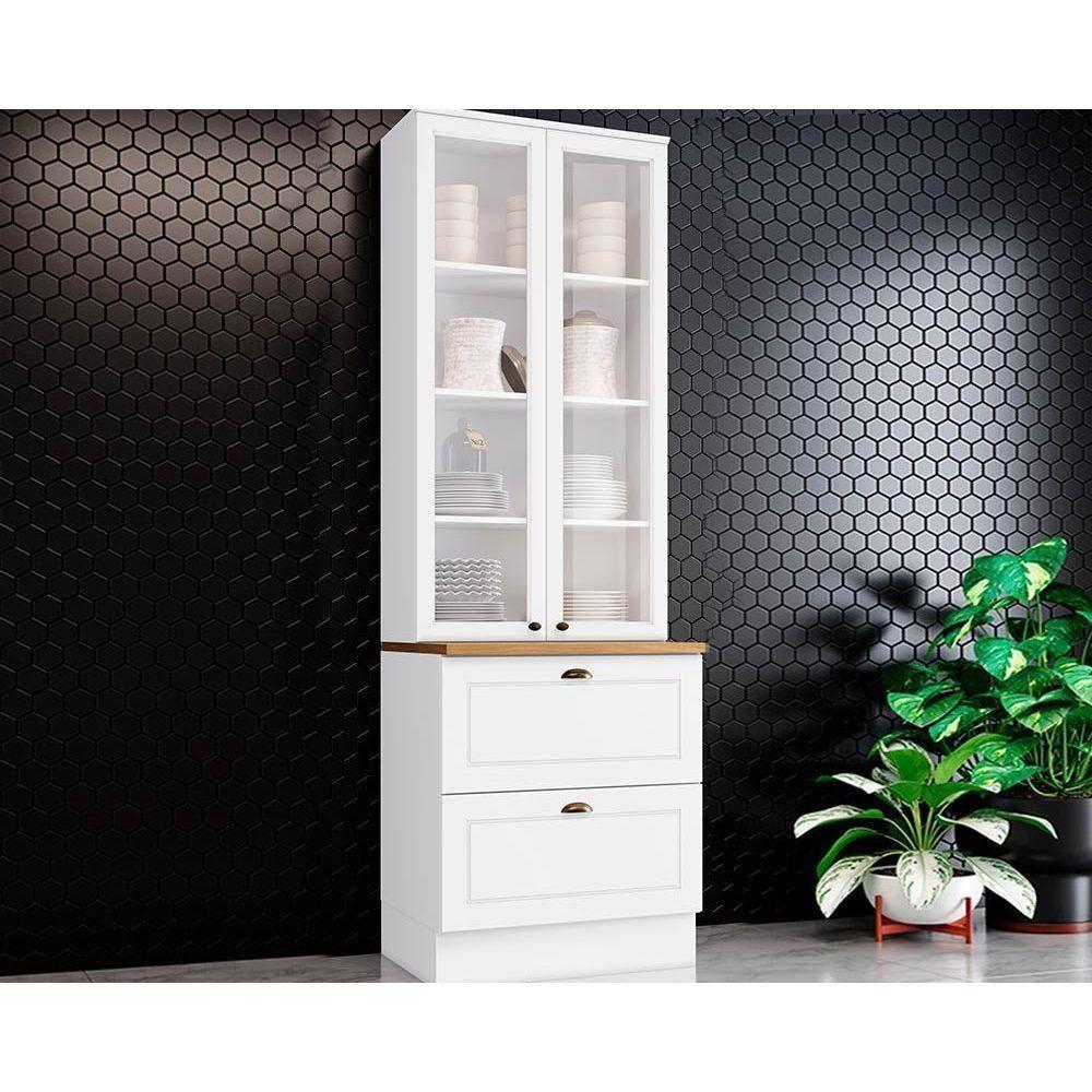 Paneleiro de Cozinha Modulado Cristaleira Americana c/ 2 Portas (2 c/Vidro) c/ 2 Gavetas 71.5cm Branco/Nature - Henn - 1