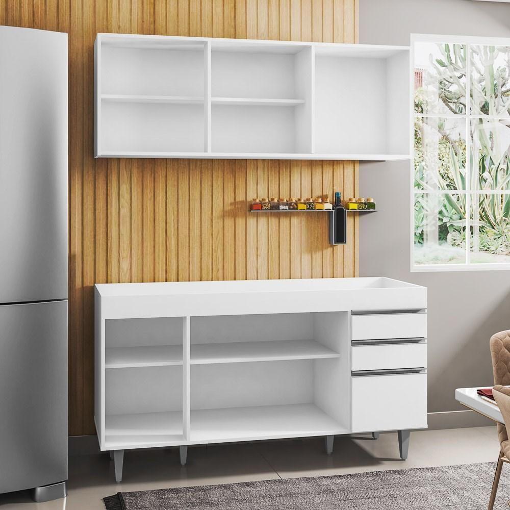 Armário Aéreo Argélia E Balcão Gabinete Para Pia 150cm Sem Tampo Marrocos Branco - Lumil Móveis - 3