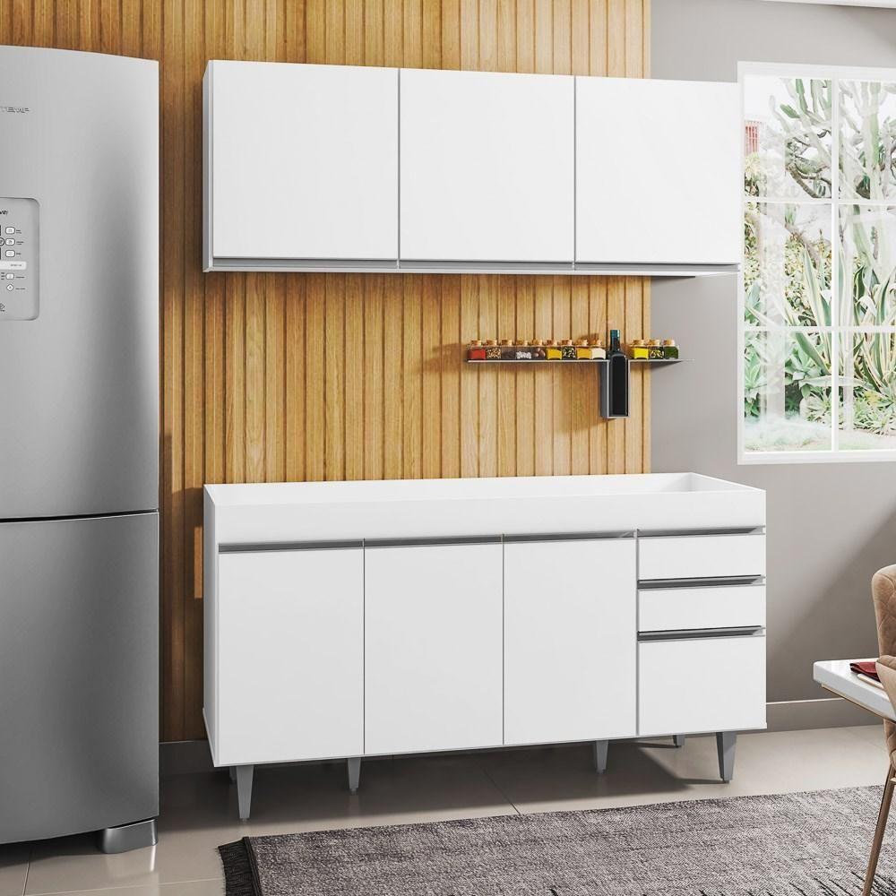 Armário Aéreo Argélia E Balcão Gabinete Para Pia 150cm Sem Tampo Marrocos Branco - Lumil Móveis - 5