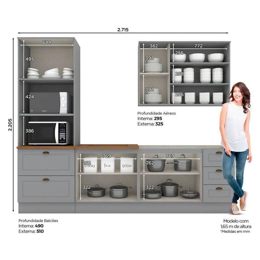 Cozinha Completa Americana (1 Aéreo, 2 Balcões, 1 Paneleiro, 1 Complemento) 5 Peças Cinza - Henn - 2