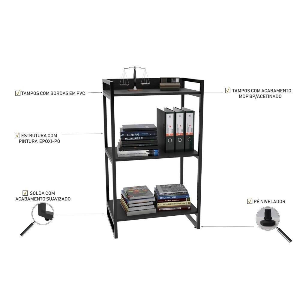 Conjunto Escritório Mesa 150Cm E Estante 60Cm 3 Prateleiras Prisma Preto Onix - 5