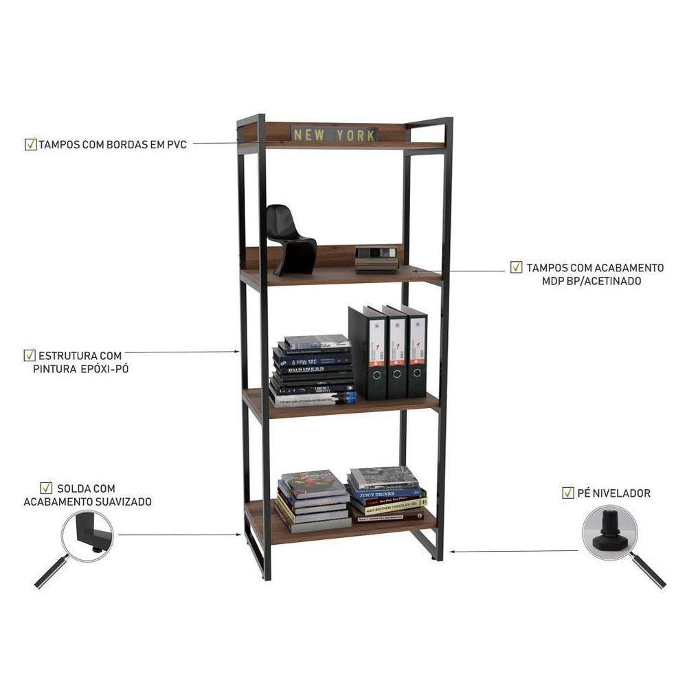 Conjunto Escritório Estilo Industrial Mesa 135cm E Estante 60cm 4 Prateleiras Prisma C08 Nogal - 4