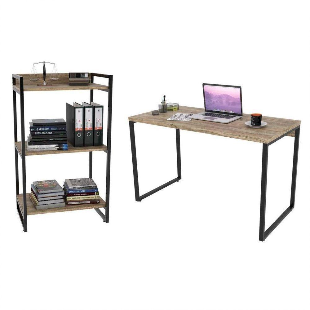 Conjunto Escritório Estilo Industrial Mesa 135cm E Estante 60cm 3 Prateleiras Prisma C08 Carvalho - 1