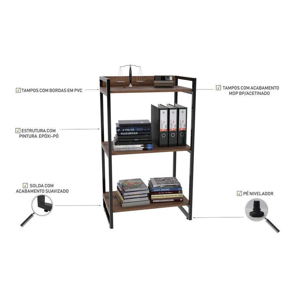 Conjunto Escritório Estilo Industrial Mesa 150cm E Estante 60cm 3 Prateleiras Prisma C08 Nogal - 4