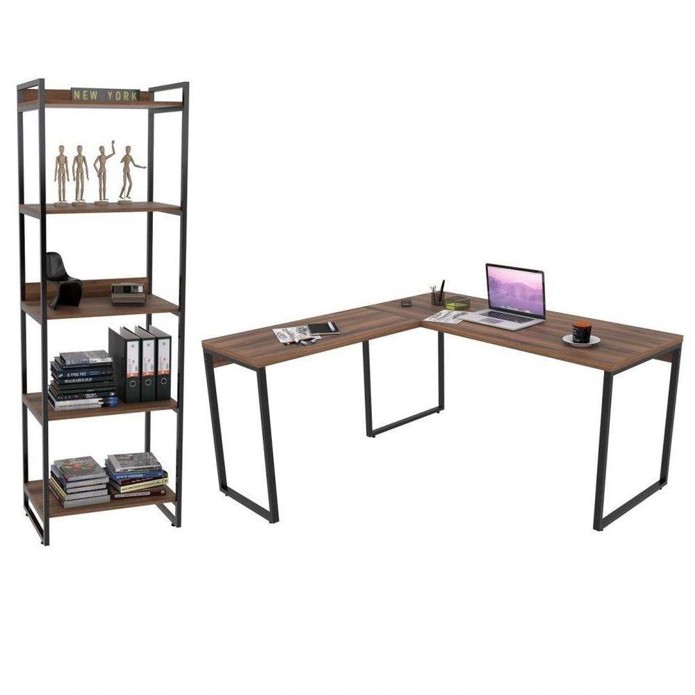 Conjunto Escritório Estilo Industrial Mesa 150x150cm E Estante 60cm 5 Prateleiras Prisma C08 Nogal - 1