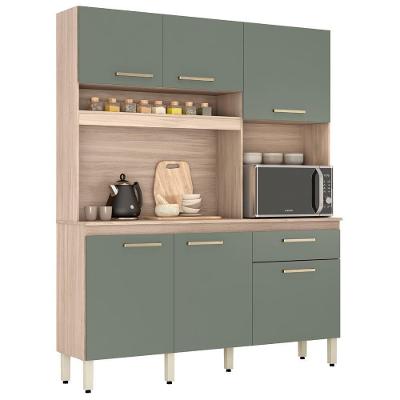 Cozinha Compacta Alamo 91601 6 Portas 1 Gaveta MDF 160cm Bege com Puxadores em Metal