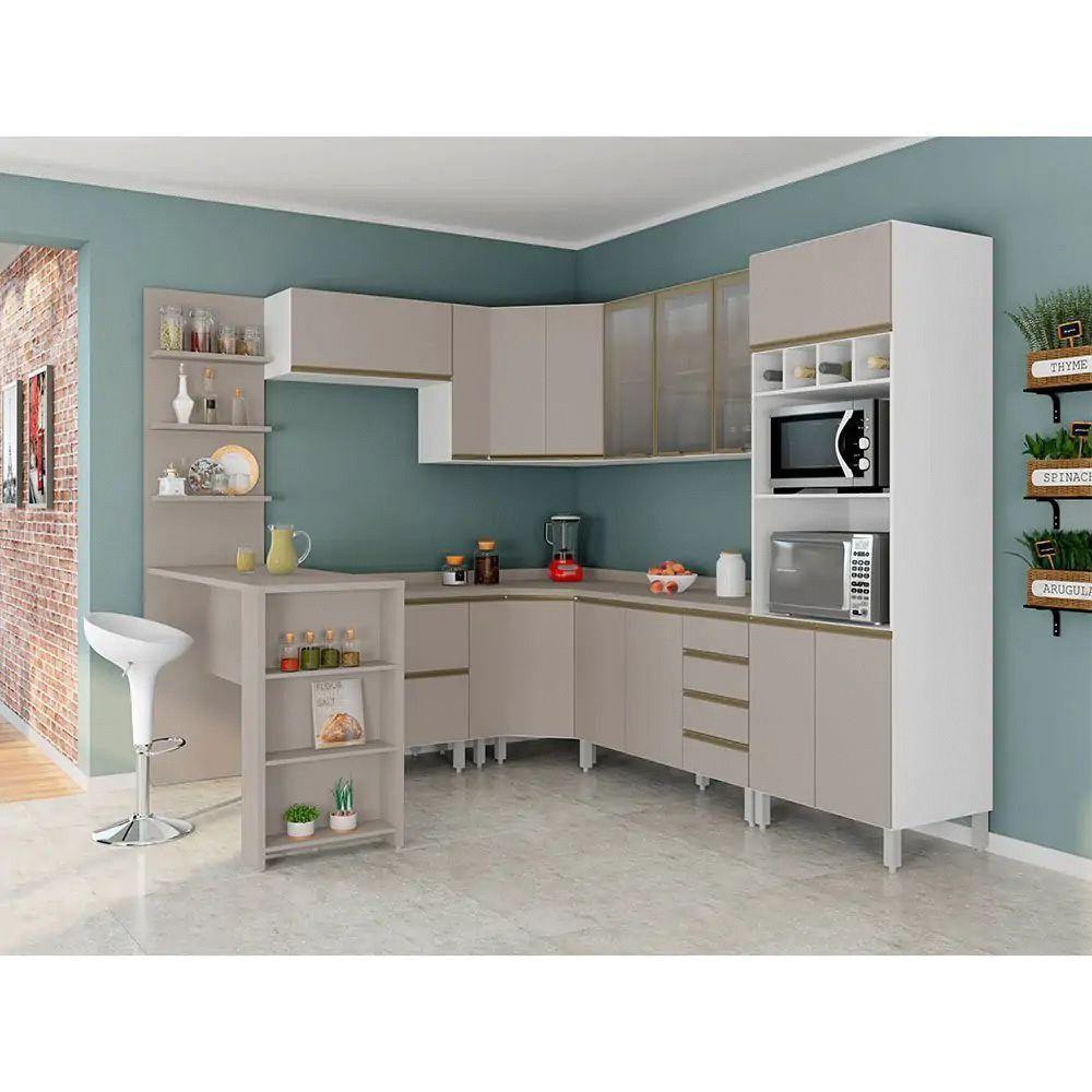 Armário De Cozinha Completa 10 Pçs Com Vidro Tampo Bancada Pérola Móveis Branco Polar Com Connect - 1