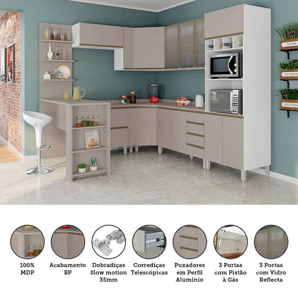 Armário De Cozinha Completa 10 Pçs Com Vidro Tampo Bancada Pérola Móveis Branco Polar Com Connect - 3