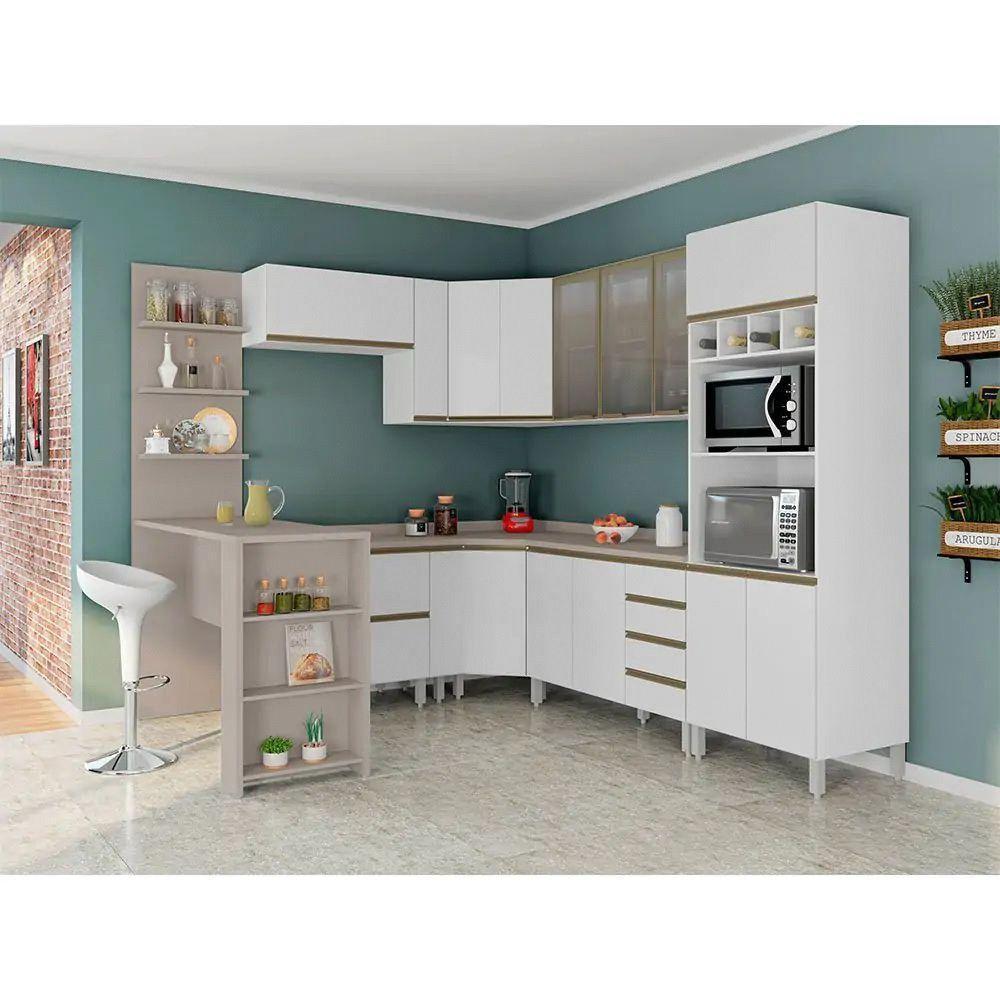 Armário De Cozinha Completa 10 Pçs Com Vidro Tampo Bancada Pérola Móveis Com Branco Polar E Connect - 1
